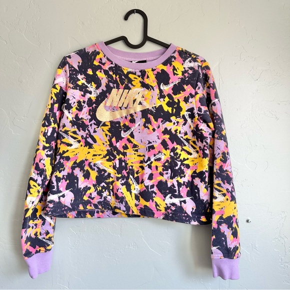 Nike Other - Nike Girls Summer Pink Purple Paint‎ Splatter Gold Swoosh Cropped Sweatshirt XL